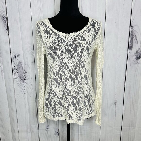 Rue 21 Womens Sheer Long Sleeve Lace Top Size XL Ivory Round Neck Fitted Y2K - Picture 1 of 9